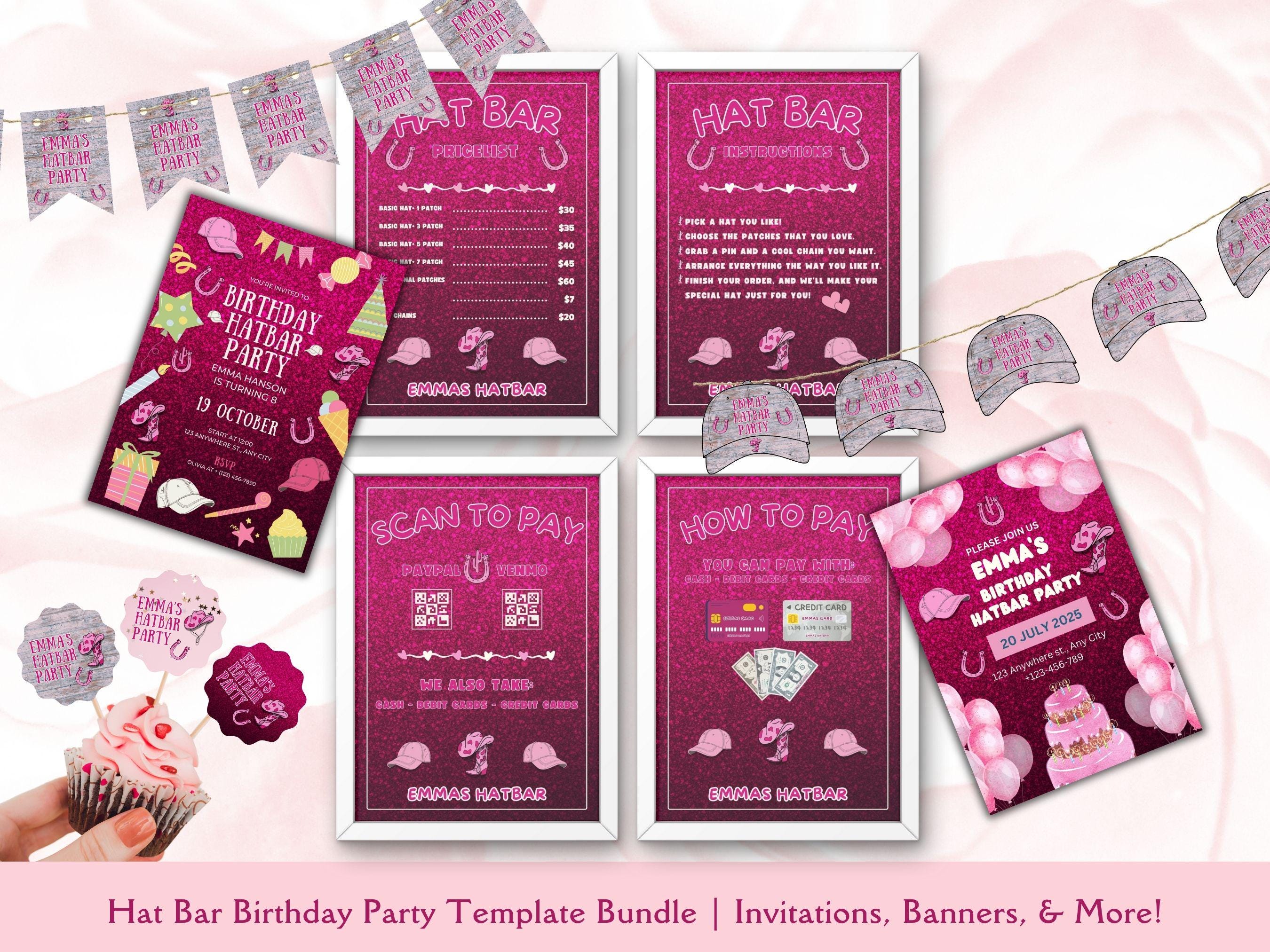 Kids Hat Bar Birthday Party Bundle: Trucker Hat Templates, Invitations ...