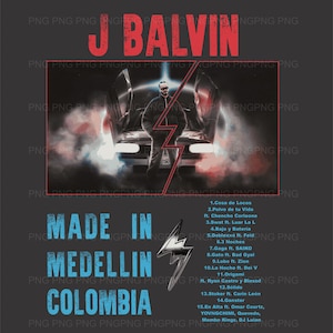 Pode incluir: Uma capa de &aacute;lbum digital que apresenta um homem em p&eacute; na frente de um carro com as portas abertas. O &aacute;lbum &eacute; intitulado "Made in Medellin, Col&ocirc;mbia" e apresenta o nome do artista "J Balvin" em letras vermelhas grandes. A capa do &aacute;lbum &eacute; uma imagem escura e melanc&oacute;lica com um esquema de cores vermelho e azul.