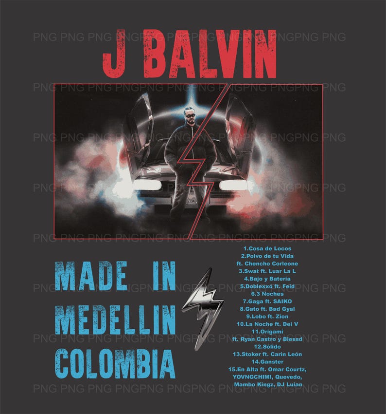 Pode incluir: Uma capa de &aacute;lbum digital que apresenta um homem em p&eacute; na frente de um carro com as portas abertas. O &aacute;lbum &eacute; intitulado "Made in Medellin, Col&ocirc;mbia" e apresenta o nome do artista "J Balvin" em letras vermelhas grandes. A capa do &aacute;lbum &eacute; uma imagem escura e melanc&oacute;lica com um esquema de cores vermelho e azul.