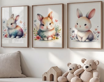 Set of 3 Bunny Nursery Prints | Cute Rabbit Wall Art | Baby Animal Prints | Neutral Nursery Decor | Kids Room Wall Art
