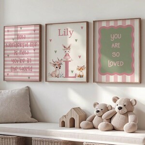 Personalised Baby Girl Nursery Prints Set of 3, Pink Green Woodland Animal Wall Art, Custom Name, Baby Shower gift, Frames not included