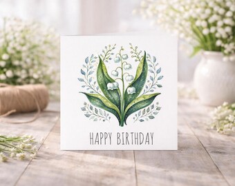 Tarjeta de cumpleaños con flor de nacimiento de mayo: diseño floral de lirio de los valles. Mensaje personalizado opcional. Tarjeta de felicitación en blanco.