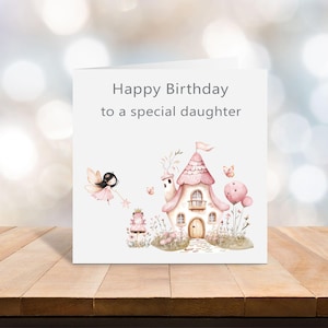 Tarjeta de cumpleaños para hija de hadas - Tarjeta en blanco - Tarjeta de felicitación personalizada - Tarjeta de cumpleaños de cabaña de hadas - Tarjeta para hija
