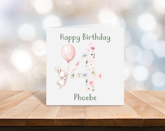 Rabbit 4th Birthday Card: Personalised Floral Number Four