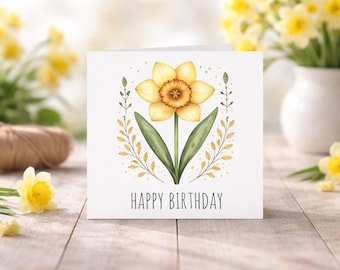 Cartão de aniversário com flor de nascimento de março – Desenho floral de narciso, cartão de felicitações em branco