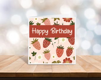 Strawberry Birthday Card | Cute Happy Birthday Card | Floral Birthday Card | Strawberry Greeting Card | Birthday Card for Her C46