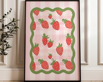 Cuadro decorativo con estampado de fresas, lámina de fresas para habitación infantil, decoración estilo cottagecore, arte de pared para habitación de niñas, decoración de cocina rosa, marco no incluido.
