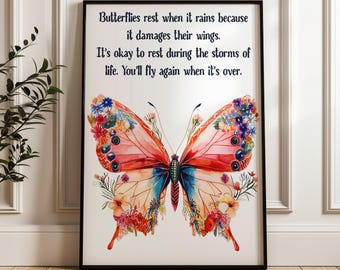 Butterfly Quote Print | Inspirational Wall Art | Mental Health Print | Colourful Butterfly Art | Encouragement Gift | P21