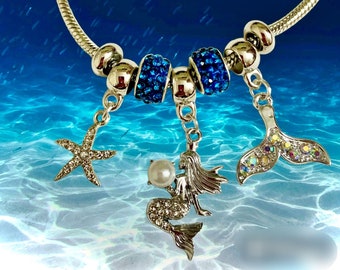 Handcrafted mermaid charm bracelet, crystal charms, mermaid, mermaid tail, starfish.