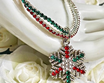 Red and Green Crystal Snowflake Charm Bracelet, Christmas Gift