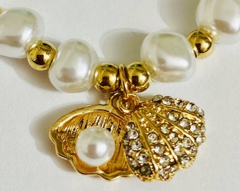 Seashell Crystal Charm Bracelet with white faux pearls, Beach or Cruise vacation jewelry