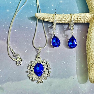 Blue crystal earrings and necklace bridal jewelry set, teardrop earrings