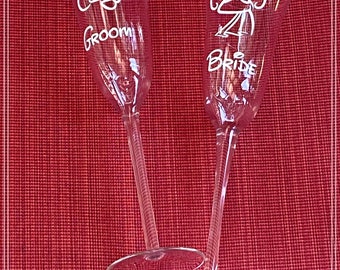 Disney inspired Mickey Minnie Mouse Bride and Groom champagne glasses
