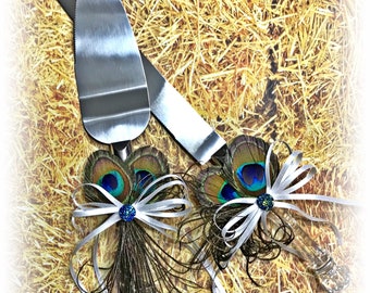 Peacock wedding cake knife set, cake server and cutter.