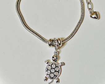 Turtle charm bracelet, Crystal turtle charm