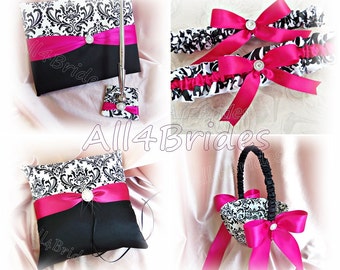 Guest Book Flutes 14pc Set Zebra and Hot Pink Unity Candle Cake Set Flower Girl Basket Leg Garter Set Zebra Wedding Ring Pillow