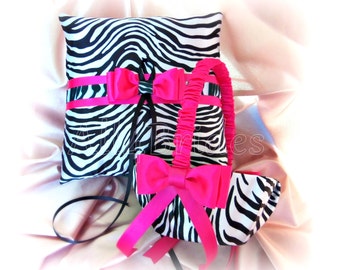 Guest Book Flutes 14pc Set Zebra and Hot Pink Unity Candle Cake Set Flower Girl Basket Leg Garter Set Zebra Wedding Ring Pillow