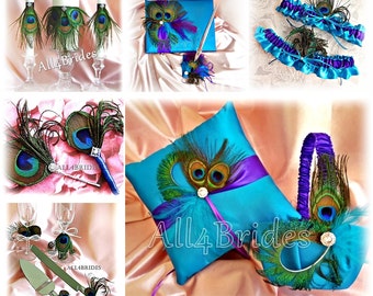 Peacock wedding turquoise and purple 16pcs | pillow, basket, guest book, garters, candles, cake set, glasses, boutonniere and hair pin