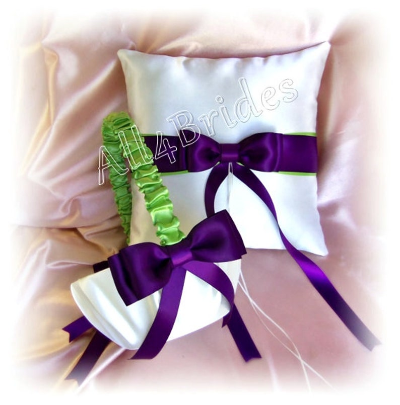 Wedding Basket and Pillow, Deep Purple Plum and Green Weddings Ceremony Decorations image 1