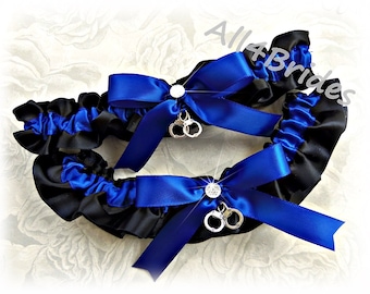 Handcuff wedding bridal garter set, police wife wedding garters, thin blue line wedding garters.