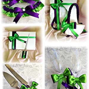 Deep purple and green wedding ring pillow, basket, bridal garters, guest book, pen set, cake set and champagne glasses image 1