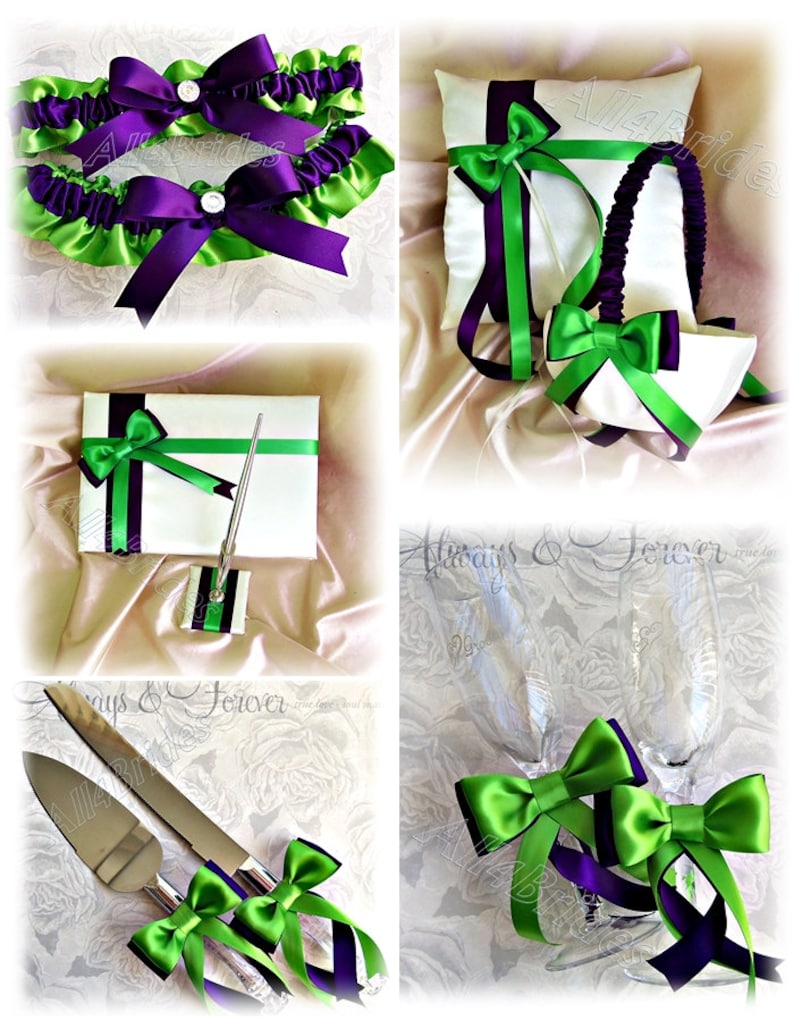Deep purple and green wedding ring pillow, basket, bridal garters, guest book, pen set, cake set and champagne glasses image 1