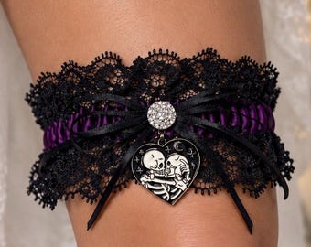 Gothic Skull Wedding Garter: Till Death Do Us Part Purple Plum and Black Lace Bridal Leg Garter