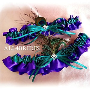 Peacock Feathers Bridal Garters Regency Purple and Teal, Something Blue Wedding Leg Garters
