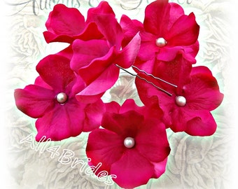 Fuchsia Flower Hair Pins, Bridal or Bridesmaids Wedding Set of Six Hydrangea Flower