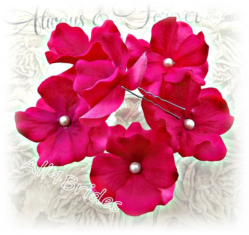 Fuchsia Flower Hair Pins, Bridal or Bridesmaids Wedding Set of Six Hydrangea Flower image 1