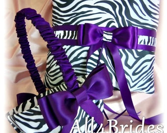 Zebra print and Regency Purple wedding flower girl basket and ring bearer pillow