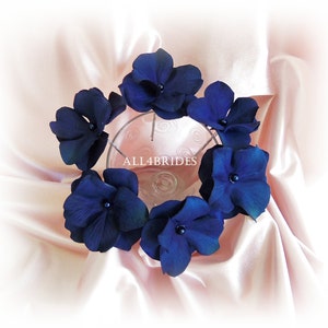 Navy Blue Hair Flowers, hydrangea hair pins set of six, bridal or bridesmaids wedding hair accessories image 1