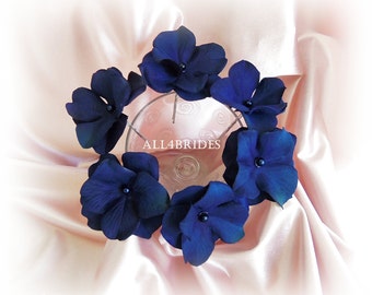 Navy Blue Hair Flowers, hydrangea hair pins set of six, bridal or bridesmaids wedding hair accessories