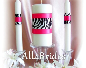 Zebra Print Wedding Unity Candle and Tapers Set, Custom Colors, Wedding Ceremony Candles