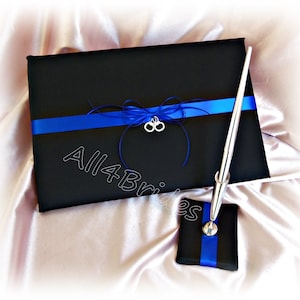 Thin blue line police wedding ring pillow with handcuff charms, royal blue and black wedding ring bearer cushion 画像 4