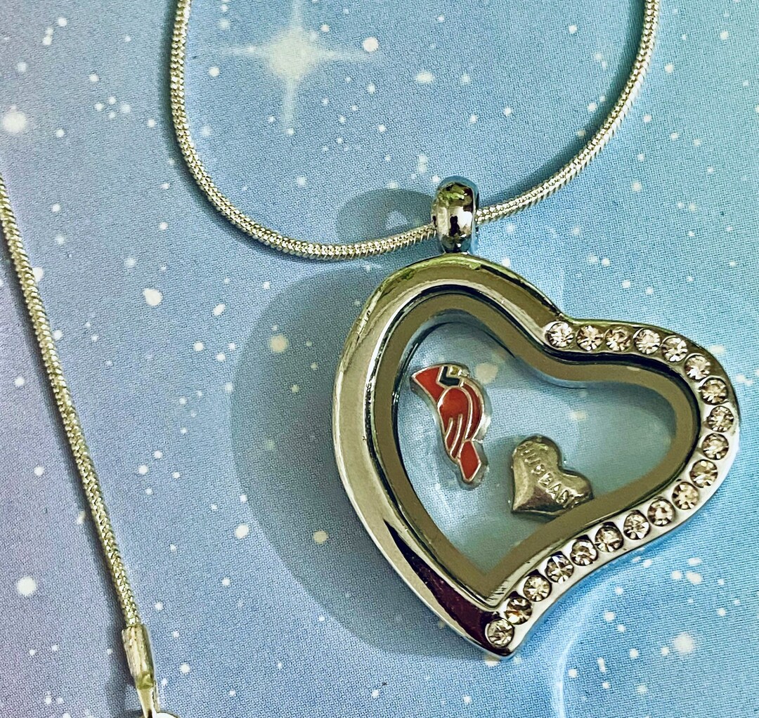 Cardinal Floating Locket Charm, Heart Glass Locket and Necklace