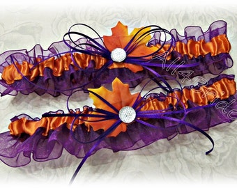 Fall Leaves wedding bridal leg garter set -grape purple plum and burnt orange - fall wedding bridal garter belt.