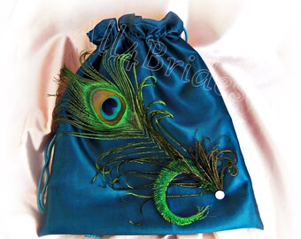 Teal peacock feather drawstring bag, peacock wedding money dance bag, bridal something blue