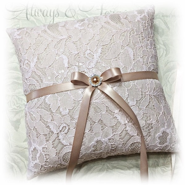 Wedding ring bearer pillow, Blush / Champagne lace ring pillow with sequins