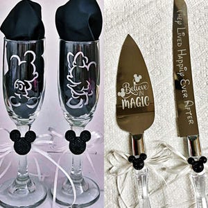 Disney inspired cake knife cutting set and champagne toast glasses, Mouse wedding accessories