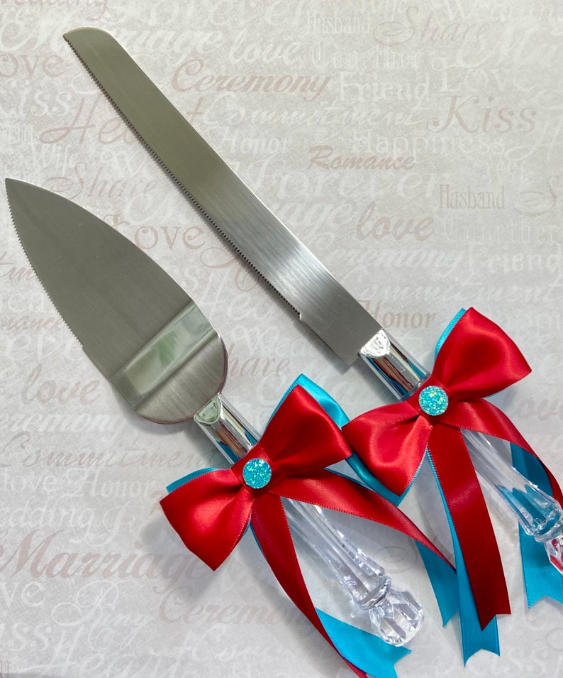 Red and Turquoise Wedding Cake Cutting Set and Champagne Etsy