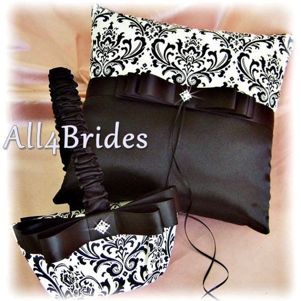 Damask Print Wedding Pillow and Basket, Madison Damask  Flower Girl Basket and Ring Bearer Pillow Black and White Ceremony Decorations