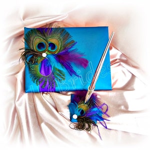 Regency Purple and Turquoise Peacock Wedding Ring Pillow, peacock feathers. image 3