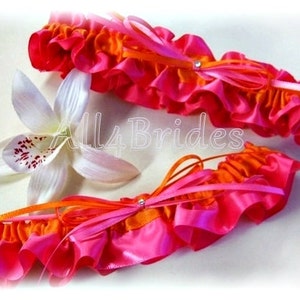 Hot Pink Orange Bridal Leg Garters - Wedding Bridal Garter Belt Set - Fuchsia and Orange Bridal Garters