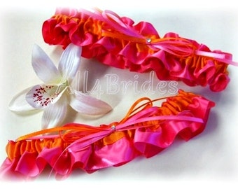 Hot Pink Orange Bridal Leg Garters - Wedding Bridal Garter Belt Set - Fuchsia and Orange Bridal Garters