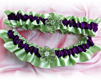 Sage Green and Purple Plum Bridal Garter Set