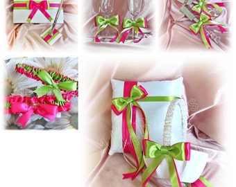Hot Pink and lime green Wedding Flower Girl Basket, Ring Pillow, Guest Book, Bridal Garter Set, Cake Set, Glasses