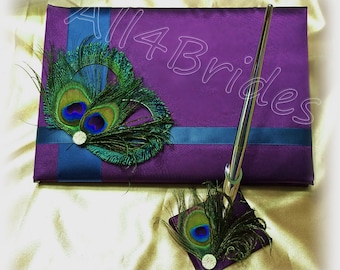 Purple and Teal peacock wedding guest book and pen set, peacock feather weddings decorations