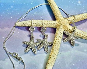 Starfish Crystal Bridal Jewelry Set: Beach Wedding Necklace Earrings