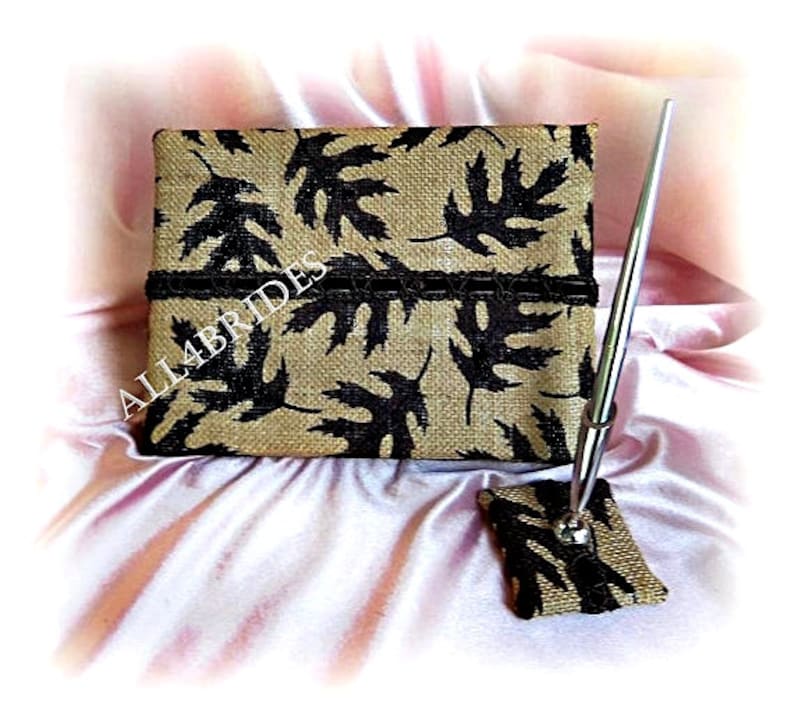 rustic burlap guest book and pen set. Fall leaves wedding guest book